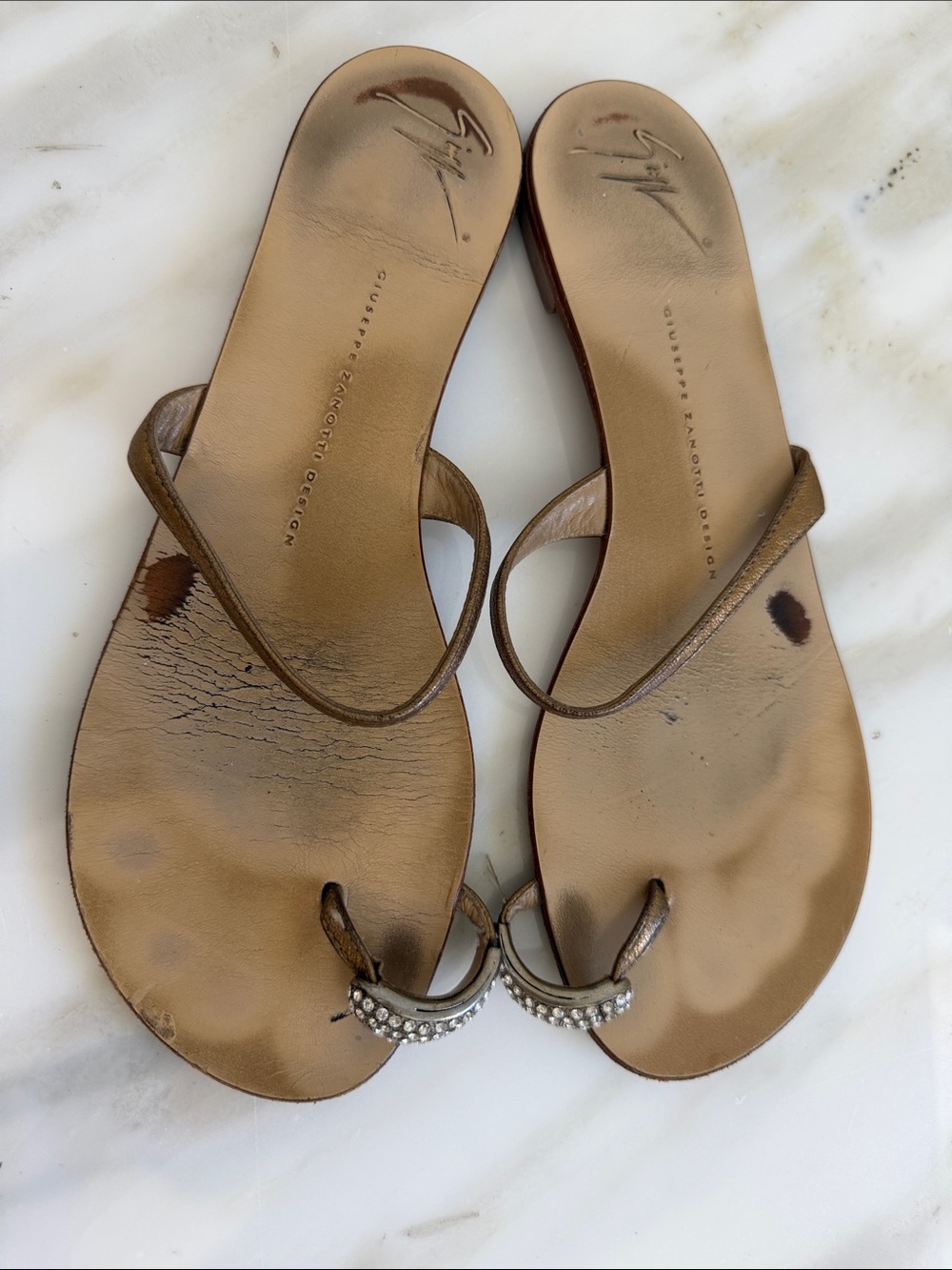 Giuseppe Zanotti Bronze Leather T-Strap Sandals with Crystal Crescent